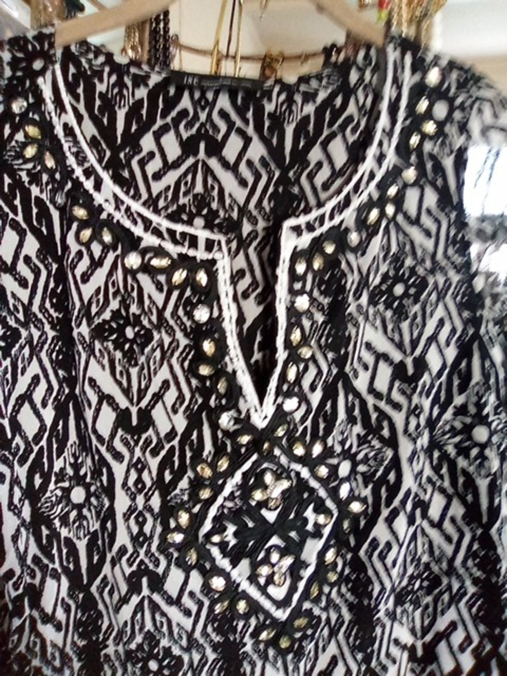 Embellished Black & White Geometric Tunic Top